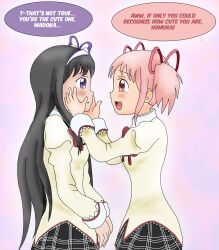 2girls akemi_homura black_hair blush hand_on_another&#039;s_face highres kaname_madoka long_hair looking_at_another mahou_shoujo_madoka_magica majka626 mitakihara_school_uniform multiple_girls pink_eyes pink_hair purple_eyes school_uniform speech_bubble standing