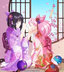 2girls applying_another&#039;s_makeup applying_makeup back_bow bishoujo_senshi_sailor_moon black_hair bow cherry_blossoms chibi_usa cone_hair_bun double_bun floral_print gloves hair_bun japanese_clothes kimono koya lips multiple_girls pink_hair purple_eyes short_hair smile tomoe_hotaru twintails