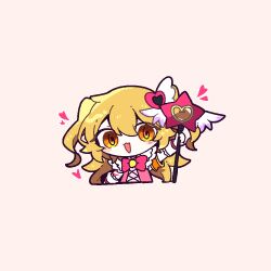 1girl :3 blonde_hair blush bow bowtie chibi don_quixote_(project_moon) e.g.o_(project_moon) holding holding_wand in_the_name_of_love_and_hate_(e.g.o) limbus_company lobotomy_corporation_(identity)_(project_moon) long_hair long_sleeves looking_at_viewer open_mouth pink_bow pink_bowtie pink_vest project_moon shirt smile solo two_side_up vest wand white_shirt x_c_om yellow_eyes