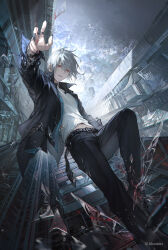1boy absurdres black_jacket black_pants black_shoes building commentary full_body grey_hair hair_between_eyes highres jacket kkamiiz long_sleeves looking_at_viewer male_focus open_clothes open_jacket original outdoors outstretched_arm pants parted_lips red_eyes shards shirt shoes short_hair smile solo white_shirt
