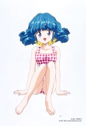 1990s_(style) 1girl aqua_hair barefoot bikini blue_eyes copyright_notice full_body highres invisible_chair knees_up looking_at_viewer medium_hair non-web_source official_art open_mouth retro_artstyle rolfee simple_background sitting solo swimsuit tadano_kazuko tonari_no_princess_rolfee white_background