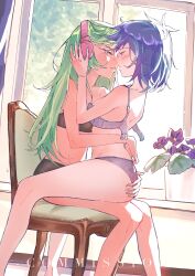 2girls alternate_skin_color amazingpuffhair antenna_hair bare_arms bare_legs bare_shoulders black_bra black_panties blue_hair bra collarbone commentary commission curtains day feet_out_of_frame fingernails from_side green_hair grey_bra grey_panties hand_on_another&#039;s_ass headphones highres indoors knees_together_feet_apart lemon_zest long_hair long_legs multicolored_hair multiple_girls my_little_pony my_little_pony:_equestria_girls my_little_pony:_friendship_is_magic no_eyewear panties parted_lips pink_eyes profile short_hair sitting sitting_on_lap sitting_on_person sky streaked_hair symbol-only_commentary trait_connection tree two-tone_hair underwear underwear_only undone_bra vinyl_scratch vinyl_scratch_(equestria_girls) white_sky window yellow_eyes yuri
