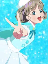 1girl :3 :d blue_background blue_cape blue_eyes blue_shirt blush cape commentary_request foreshortening fur_hat grey_hair hat highres long_sleeves looking_at_viewer love_live! love_live!_superstar!! open_mouth pleated_skirt shirt skirt smile solo starlight_prologue tang_keke teeth upper_teeth_only v white_hat white_skirt yaji11093