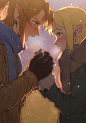Rule 34 | 1boy, 1girl, absurdres, alternate costume, blue eyes, blue scarf, blush, breath, brown gloves, brown hair, brown scarf, commentary, contemporary, english commentary, eye contact, from side, fur-trimmed gloves, fur trim, gloves, green eyes, height difference, hetero, highres, holding hands, link, long hair, long sleeves, looking at another, nintendo, pointy ears, princess zelda, profile, rv (gvdn7245), scarf, snow, snowing, the legend of zelda, the legend of zelda: tears of the kingdom, white gloves, winter clothes