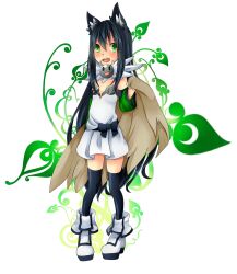 1girl alchemist_(ragnarok_online) alternate_color animal_ears black_bow black_hair black_thighhighs blush boots bow brown_cape cape cat_ears cat_girl commentary_request detached_sleeves dress full_body fur_collar green_eyes green_sleeves highres long_hair looking_at_viewer meiko_(nattu303) open_mouth ragnarok_online short_dress simple_background smile solo strapless strapless_dress teeth thighhighs upper_teeth_only very_long_hair waist_bow white_background white_boots white_dress