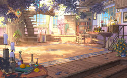 analog_clock armchair blurry book bookshelf bottle box bulletin_board candle candlestand chair chest_of_drawers clock cloud coffee_grinder curtains dappled_sunlight day depth_of_field door flask flower food fruit fruit_tree hanxiaodan highres indoors jar ladder leaf lemon lovebrush_chronicles muntins no_humans note official_art orange_(fruit) painting_(object) picture_frame pink_flower plant potted_plant round-bottom_flask rug scenery see-through_curtains shadow shelf stairs stepladder sunlight table tablecloth test_tube test_tube_rack tree treehouse unworn_sweater vase watermark weibo_watermark window wooden_floor