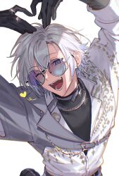 Rule 34 | 1boy, ;d, arms up, black gloves, black shirt, blue eyes, blue hair, blush, chain, chain necklace, choker, chromatic aberration, collared shirt, commentary, crossed bangs, earrings, glint, gloves, gold ring, green eyes, grey choker, hair between eyes, heart, heart arms, highres, jewelry, jumping, kaelix debonair, kaohom503, long sleeves, looking at viewer, male focus, multicolored eyes, multicolored hair, necklace, nijisanji, nijisanji en, one eye closed, open mouth, purple-tinted eyewear, ring, round eyewear, shirt, shirt tucked in, short hair, simple background, smile, solo, sunglasses, symbol-only commentary, teeth, tinted eyewear, turtleneck, two-tone eyes, virtual youtuber, white background, white hair, white shirt
