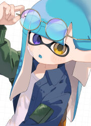 Rule 34 | 1girl, :o, absurdres, adjusting eyewear, bandage on face, bandages, blue eyes, blue hair, blunt bangs, blush, dot nose, fang, green eyes, grid background, hand on eyewear, heterochromia, highres, inkling, inkling girl, inkling player character, jacket, nintendo, open clothes, open jacket, patch, patchwork clothes, round eyewear, sabata saba, shirt, skin fang, solo, splatoon (series), upper body, white background, white shirt