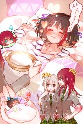 3girls :t aoba_moca arm_around_shoulder bad_id bad_pixiv_id bang_dream! black_hair blazer blue_eyes blush bob_cut closed_eyes cold_pack collarbone drumsticks fever flying_sweatdrops green_neckwear green_skirt grey_hair grey_jacket hand_on_own_hip hands_up haneoka_school_uniform heart holding holding_drumsticks holding_instrument holding_person holding_pot ice_pack instrument jacket long_hair long_sleeves mamaloni mini_person minigirl mitake_ran multicolored_hair multiple_girls necktie open_mouth pillow plaid_clothes plaid_skirt porridge pot red_hair school_uniform shirt short_hair sick skirt sleeves_rolled_up spoken_character streaked_hair striped_clothes striped_neckwear striped_shirt sweat sweatdrop udagawa_tomoe under_covers v-shaped_eyebrows wavy_mouth