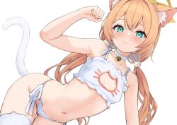 1girl animal_cutout animal_ear_fluff animal_ear_legwear animal_ears bell blue_archive blush bra cat_cutout cat_ear_legwear cat_ear_panties cat_ears cat_lingerie cat_tail cleavage_cutout closed_mouth clothing_cutout frilled_bra frills green_eyes hair_between_eyes halo jingle_bell long_hair looking_at_viewer mari_(blue_archive) meme_attire neck_bell orange_hair panties paw_pose side-tie_panties solo sweat tail underwear underwear_only white_bra white_panties yellow_halo zarashi