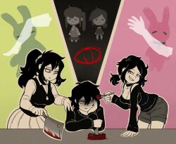 Rule 34 | 1boy, 2girls, andrew graves, ashley graves, bags under eyes, bare shoulders, black dress, black hair, blood, breasts, brother and sister, choker, cleavage, collarbone, dress, family, fork, hair between eyes, highres, holding, holding fork, jewelry, long hair, long sleeves, looking at viewer, mother and daughter, mother and son, multiple girls, nickben12, off shoulder, open mouth, ponytail, renee graves, shaded face, shirt, short hair, siblings, sitting, skirt, the coffin of andy and leyley