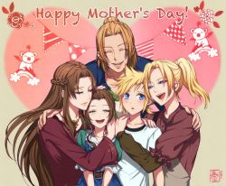 1boy 4girls aerith_gainsborough apron arm_around_shoulder belt blonde_hair blue_eyes blue_overalls blue_shirt blush braid brown_hair claudia_strife closed_eyes cloud_strife dress elmyra_gainsborough final_fantasy final_fantasy_vii final_fantasy_vii_remake green_dress green_eyes green_ribbon hair_bun halu-ca hand_on_another&#039;s_head highres ifalna jewelry long_hair long_sleeves low_ponytail lower_teeth_only mature_female moogle mother&#039;s_day mother_and_daughter mother_and_son multiple_girls necklace open_mouth overalls parted_bangs parted_lips pink_dress ponytail puffy_short_sleeves puffy_sleeves ribbon shirt short_hair short_sleeves sidelocks smile square_enix straight_hair teeth upper_body upper_teeth_only wavy_hair white_shirt