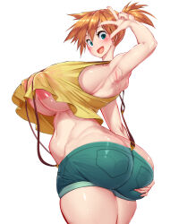 1girl absurdres armpits ass ass_grab ass_support asymmetrical_hair back bare_arms bare_shoulders blush breasts butt_crack cowboy_shot creatures_(company) crop_top cutoffs denim denim_shorts eyelashes from_behind game_freak gen_1_pokemon gloves gluteal_fold green_eyes green_shorts groping gym_leader hair_tie highres holding huge_ass huge_breasts kawahagitei large_areolae legs legs_together looking_back misty_(pokemon) multiple_views navel nintendo nipples open_fly orange_hair poke_ball pokemon pokemon_(anime) pokemon_(classic_anime) ponytail shirt short_hair short_shorts shorts side_ponytail simple_background sleeveless sleeveless_shirt suspender_shorts suspenders thick_thighs thigh_gap thighs v white_background yellow_shirt