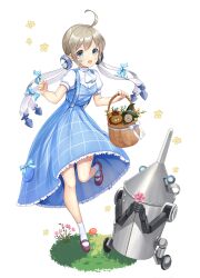 1girl 1other ahoge alternate_costume ankle_socks aqua_bow aqua_eyes aqua_skirt artist_request ascot bandage_on_face bandages basket bow brown_shoes bun_cover buttons character_ornament cosplay cowardly_lion dorothy_gale dorothy_gale_(cosplay) final_gear flower full_body grass grid_print highres holding holding_basket holding_flower leg_up light_brown_hair looking_at_viewer mary_janes mechanical_arms mushroom official_art open_mouth pink_flower pocket_bow puffy_sleeves scarecrow_(twooz) shoes short_sleeves sidelocks simple_background skirt snowy_(final_gear) socks solo suspender_skirt suspenders tachi-e the_wizard_of_oz third-party_source tin_man_(cosplay) tin_man_(the_wizard_of_oz) transparent_background walking wheel white_ascot white_sleeves white_socks yellow_flower