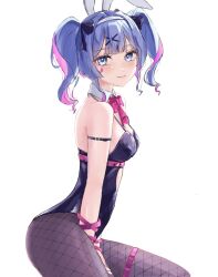 1girl animal_ears bare_shoulders black_leotard black_ribbon blue_eyes blue_hair bow bowtie brown_pantyhose center-flap_bangs closed_mouth clothing_cutout colored_inner_hair detached_collar fishnet_pantyhose fishnets hair_ornament hair_ribbon hairband hatsune_miku heart_cutout highres leotard long_hair multicolored_hair pantyhose pink_bow pink_bowtie pink_hair playboy_bunny rabbit_ears rabbit_hole_(vocaloid) ribbon short_twintails teardrop_facial_mark thigh_strap twintails ushi_yo vocaloid white_hairband x_hair_ornament
