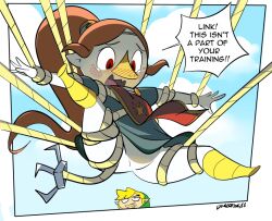 1boy 1girl bdsm beak black_eyes blonde_hair blue_shirt blush bondage boots bound brown_hair cloud dangerking11 embarrassed grappling_hook green_hat grin hat headband link long_hair looking_down medli nintendo no_panties no_pussy open_mouth pointy_ears ponytail red_eyes red_tabard rito rope shirt short_hair short_sleeves sky smile speech_bubble spread_legs surprised tabard tears teeth the_legend_of_zelda the_legend_of_zelda:_the_wind_waker toon_link yellow_boots