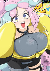 Rule 34 | 1girl, berun (zakeruga1zakeru), breasts, iono (pokemon), large breasts, multicolored hair, open mouth, pokemon, pokemon sv, sharp teeth, solo, teeth, two-tone hair
