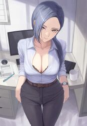 ano_(gccx8784) belt black_pants bra bra_peek breasts brown_belt brown_eyes cleavage collared_shirt commentary_request computer_keyboard cup grey_hair hair_over_shoulder highres indoors long_hair long_sleeves looking_at_viewer mole mole_under_eye monitor mug office_lady original paid_reward_available pants partially_unbuttoned pen shirt thigh_gap underwear watch white_shirt wristwatch