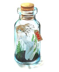 1girl 3d barefoot bikini blue_eyes bottle bottle_meme_(pixiv) brown_hair cork female_focus highres in_bottle in_container long_hair marukaruka original rukaruca solo swimsuit underwater
