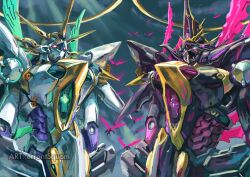 artist_name commentary commission dual_persona english_commentary errantsquam halo highres humanoid_robot mecha no_humans robot siren_(xenoblade) standing watermark wings xenoblade_chronicles_(series) xenoblade_chronicles_2 xenoblade_chronicles_2:_torna_-_the_golden_country yellow_halo