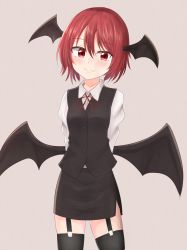 Rule 34 | 1girl, arms behind back, bat wings, blush, dakuazu, garter straps, head wings, highres, koakuma, looking at viewer, low wings, red eyes, red hair, short hair, skirt, smile, solo, thighhighs, touhou, vest, wings