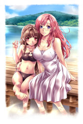 00s 2girls barefoot bikini breasts brown_hair collarbone dock dress feet glasses grin halterneck hand_on_own_hip highres kazami_mizuho large_breasts long_hair looking_at_viewer medium_breasts morino_ichigo multiple_girls nagayori navel onegai_teacher petite purple_eyes red_hair side-tie_bikini_bottom sitting smile soaking_feet swimsuit water