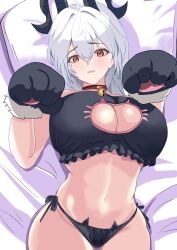 1girl absurdres alternate_costume animal_hands black_bra black_horns black_panties bra breasts cat_ear_panties cat_lingerie cleavage_cutout clothing_cutout commentary_request cowboy_shot curled_horns from_above gloves hair_between_eyes highres horns large_breasts long_hair looking_at_viewer meme_attire navel panties paw_gloves red_eyes solo stomach uduki_saboten underwear wuthering_waves zani_(wuthering_waves)