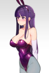 1girl adapted_costume animal_ears arms_behind_back bare_shoulders blush breasts cleavage closed_mouth cowboy_shot dot_mouth elbow_gloves embarrassed fake_animal_ears female_focus fern_(sousou_no_frieren) from_side gloves grey_background grey_pantyhose highleg highleg_leotard highres kahnapuf large_breasts leotard long_hair looking_afar matching_hair/eyes pantyhose pink_gloves playboy_bunny purple_eyes purple_hair purple_leotard rabbit_ears sidelocks simple_background solo sousou_no_frieren strapless strapless_leotard two-tone_background white_background