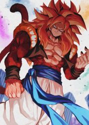 1boy abs bare_pectorals biceps body_fur brown_fur dragon_ball dragon_ball_gt fusion_dance glowing gogeta highres looking_down male_focus metamoran_vest monkey_boy monkey_tail muscular no_nipples pants pectorals red_hair relio_db318 solo spiked_hair super_saiyan super_saiyan_4 tail veins veiny_hands white_pants