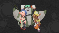 1boy 2girls absurdres asymmetrical_hair bandages big_man_(splatoon) big_man_(splatoon_raiders) bike_shorts black_thighhighs blue_hair colored_tips crop_top cross-shaped_pupils dark-skinned_female dark_skin earrings fishing_rod frye_(splatoon) frye_(splatoon_raiders) goggles goggles_on_head highres inkling jewelry long_pointy_ears manta_ray multicolored_hair multiple_girls nintendo octoling official_art pointy_ears red_eyes red_sandals sandals scar shawl shiver_(splatoon) shiver_(splatoon_raiders) splatoon_(series) splatoon_3 splatoon_raiders symbol-shaped_pupils tail tentacle_hair thighhighs topknot white_sandals yellow_shawl