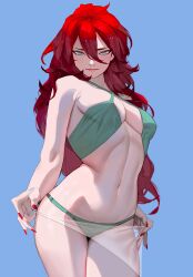 Rule 34 | 1girl, absurdres, aqua eyes, blue background, breasts, commentary, cowboy shot, english commentary, hair between eyes, highres, light smile, long hair, looking at viewer, medium breasts, nail polish, navel, ori dal, original, red nails, simple background, skindentation, solo, straight-on, swimsuit