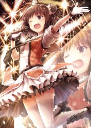 10s 1girl brown_eyes brown_hair double_bun female_focus gloves hair_bun highres idol kantai_collection microphone naka_(kancolle) naka_kai_ni_(kancolle) one_eye_closed open_mouth school_uniform short_hair smile solo suien thighhighs zoom_layer