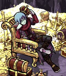 1boy aqua_skin black-framed_eyewear black_pants blue_eyes blue_hair boots brown_boots coin colored_skin commentary_request crossed_legs crown dragon_quest dragon_quest_x figure_four_sitting fins fish_boy flei_rainbow glasses gold_coin hand_on_own_cheek hand_on_own_face head_fins highres holding holding_crown looking_to_the_side male_focus monster_boy pants planted planted_sword planted_weapon red_scarf red_shirt scarf shirt short_hair sitting smile solo sword treasure treasure_chest vase weapon weddie_(dq10)