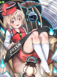 1girl :d breasts brown_eyes brown_hair floating floating_object full_body hat highres ink instrument keyboard_(instrument) kneehighs lyrica_prismriver no_shoes open_mouth pechimaru red_hat red_shorts red_vest shirt short_hair shorts sitting small_breasts smile socks solo touhou vest white_shirt white_socks wooden_chair
