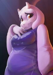 1girl ajin_(ajinhdremix) animal_ears arm_at_side breasts closed_mouth crying dress fang female_focus furry furry_female goat_ears goat_girl goat_horns hand_on_own_chest hand_up highres horns long_sleeves looking_at_viewer mature_female medium_breasts purple_dress raglan_sleeves raised_eyebrows red_eyes sad skin_fang solo standing tears toriel undertale upper_body white_horns white_sleeves