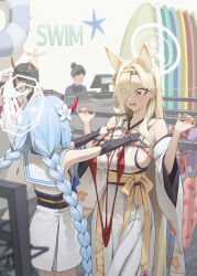 4girls absurdres animal_ear_fluff animal_ears bare_shoulders black_hair black_sash black_shirt blonde_hair blue_archive blue_hair blunt_bangs blush braid breasts broken_horn chise_(blue_archive) closed_eyes demon_girl demon_horns detached_sleeves dress elbow_gloves embarrassed eyes_visible_through_hair faceless faceless_female fingerless_gloves fox_ears fox_girl gloves hair_bun hair_over_one_eye highres holding holding_swimsuit holding_unworn_clothes horns japanese_clothes kaho_(blue_archive) kimono long_hair multiple_girls niya_(blue_archive) obi one-piece_swimsuit open_mouth red_one-piece_swimsuit sailor_collar sash shirt short_hair sideboob sidelocks swimsuit twin_braids unworn_swimsuit white_dress white_kimono white_sailor_collar wide_sleeves woottak09 yellow_eyes