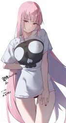 1girl absurdres arm_behind_back black_nails black_panties blush breasts character_request closed_mouth copyright_request covered_erect_nipples embarrassed hand_on_own_thigh highres inuinuo_gataken large_breasts long_hair looking_at_viewer no_bra no_pants panties pantyshot pink_hair print_shirt red_eyes shirt shirt_tug short_sleeves skull_print solo standing sweat underwear very_long_hair