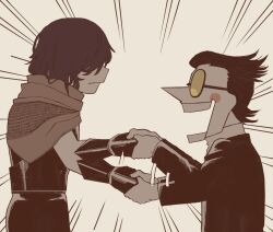 1boy 1other armor black_hair black_jacket blush_stickers cape commentary deltarune emphasis_lines english_commentary grey_background hair_over_eyes handshake jacket kris_(deltarune) mamaito profile round_eyewear short_hair smile spamton_g._spamton sunglasses teeth tinted_eyewear upper_body yellow-tinted_eyewear