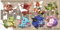 arm_up artist_name beamed_eighth_notes beast_ball blush blush_stickers brown_background brown_eyes caterpie cherish_ball cinderace closed_eyes closed_mouth commentary commentary_request designer_ojisan dream_ball english_commentary english_text fangs fast_ball friend_ball gen_1_pokemon gen_2_pokemon gen_3_pokemon gen_5_pokemon gen_8_pokemon glimmora highres horns hugging_object latias legendary_pokemon looking_at_viewer lure_ball mixed-language_commentary musharna musical_note nest_ball nintendo no_humans open_mouth poke_ball pokemon pokemon_(creature) politoed seaking simple_background single_horn sitting sleeping smile speech_bubble spidops spoken_musical_note star_(symbol) timer_ball totodile twitter_username white_background yellow_eyes