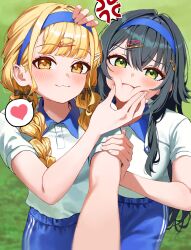 2girls :3 :i anger_vein blonde_hair blue_headband blue_shorts blush braid cheek_squash collared_shirt contrast_collar fingernails fujita_kotone gakuen_idolmaster grass green_eyes green_hair gym_shirt gym_uniform hand_on_another&#039;s_head headband heart highres idolmaster long_hair looking_at_viewer multiple_girls outdoors selfie shirt short_sleeves shorts smile spoken_anger_vein spoken_heart straight_hair tai_saka tsukimura_temari twin_braids yellow_eyes