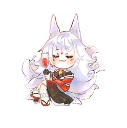 1girl alcohol animal_ears black_dress champagne_flute chibi closed_eyes crossed_legs cup dress drink drinking_glass facepaint full_body highres holding holding_drink japanese_clothes long_hair nijisanji nijisanji_en nina_kosaka sandals shibedraws simple_background sitting solo twitter_username very_long_hair virtual_youtuber white_background white_hair