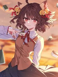 1girl absurdres ahoge animal_ears bell black_skirt blurry blurry_background bow bowtie breasts brown_hair brown_vest cat_ears cat_girl closed_mouth collared_shirt commentary cowboy_shot english_commentary fate/stay_night fate_(series) hair_bell hair_ornament hair_ribbon hanagata heaven&#039;s_feel highres holding holding_mahjong_tile homurabara_academy_school_uniform ichihime jingle_bell looking_at_viewer mahjong mahjong_soul mahjong_tile orange_eyes orange_sky outdoors red_bow red_bowtie red_ribbon ribbon school_uniform shirt short_hair skirt sky small_breasts smile solo sunset vest white_shirt