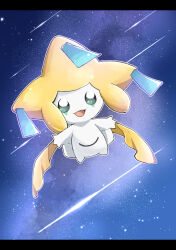Rule 34 | :d, commentary request, full body, gen 3 pokemon, happy, highres, jirachi, legendary pokemon, letterboxed, meow 4023, mythical pokemon, night, nintendo, no humans, open mouth, outdoors, outline, pokemon, pokemon (creature), pokemon focus, sky, smile, solo, tongue