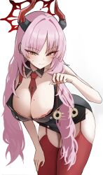 1girl absurdres arm_support bare_arms between_breasts blue_archive blush bra bra_peek breasts brown_eyes cameltoe cleavage coin coin_on_string collarbone cowboy_shot demon_girl demon_horns detached_collar dot_nose eyelashes fluffy_hair hair_over_shoulder halo highres holding holding_pendulum holed_coin horns hypnosis large_breasts leaning_forward long_hair mind_control mole mole_on_breast multicolored_horns necktie necktie_between_breasts pendulum pink_hair red_bra red_garter_straps red_halo red_necktie red_thighhighs rg1525 satsuki_(blue_archive) simple_background solo sweatdrop thighhighs thighs underwear wavy_hair white_background