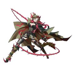 1girl absurdres belt bracer braid braided_bangs breasts cape choker cleavage collared_cape dragon_girl dragon_tail espinas fingerless_gloves full_body gloves green_hair high_heels highres horns lanmizu2002 large_breasts monster_girl monster_hunter_(series) multicolored_hair personification pointy_ears red_hair scar scar_on_face scar_on_nose smile solo spiked_choker spiked_footwear spiked_tail spikes tail tattoo thighhighs transparent_background vine_whip