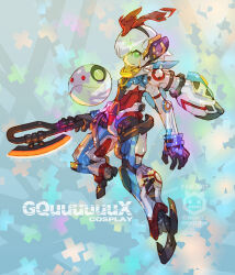 armor artist_name axe commentary_request full_body gquuuuuux green_eyes gundam gundam_gquuuuuux haro headgear heat_hawk helmet holding holding_axe holding_weapon looking_at_viewer mecha mecha_focus mecha_musume mechanical_arms mechanical_legs mobile_suit nakayama_tooru open_mouth personification robot science_fiction thrusters twitter_username v-fin watermark weapon