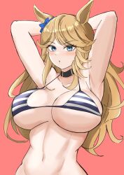 Rule 34 | 1girl, animal ears, armpits, arms up, bikini, blonde hair, blue bow, blue eyes, bow, breasts, chestnut mouth, cleavage, ear ornament, gold city (umamusume), highres, horse ears, horse girl, large breasts, long hair, miya nns35, navel, pink background, simple background, solo, stomach, striped bikini, striped clothes, swimsuit, umamusume