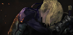 1girl ahoge armor artoria_pendragon_(fate) black_background blue_ribbon braid breastplate club3 commentary covered_face dark_souls_(series) dark_souls_iii excalibur_(fate/stay_night) fate/stay_night fate_(series) female_focus from_side gauntlets hair_bun hair_ribbon holding holding_sword holding_weapon looking_down name_connection parody ribbon saber_(fate) single_hair_bun solo sparks sword two-handed weapon