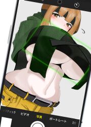 1girl absurdres bandeau belt belt_buckle black_undershirt blush breast_focus breasts buckle camera_focus camera_phone capelet cargo_pants cellphone crop_top gardenia_(pokemon) highres huge_breasts indigo_ribbon long_sleeves looking_at_viewer matching_hair/eyes midriff navel nintendo orange_eyes orange_hair pants phone pocket pokemon pokemon_dppt smartphone taking_picture underboob white_background