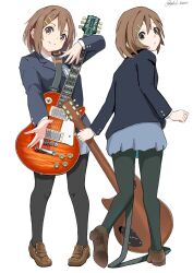 Rule 34 | 1girl, black jacket, black pantyhose, blue skirt, brown hair, brown shoes, closed mouth, electric guitar, from behind, full body, guitar, hair ornament, hairclip, highres, hirasawa yui, holding, holding guitar, holding instrument, instrument, jacket, k-on!, loafers, looking at viewer, pantyhose, parallel hairclips, pleated skirt, sakuragaoka high school uniform, school uniform, shoes, short hair, simple background, skirt, smile, standing, twitter username, white background, yellow eyes, yuiui keion